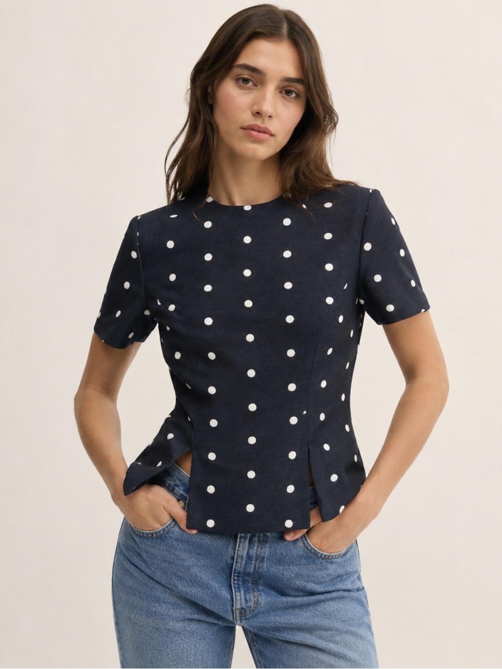 Vintage Cheeta B Navy Polka Dot Linen Blend Short Sleeve Jacket Top Small / 6